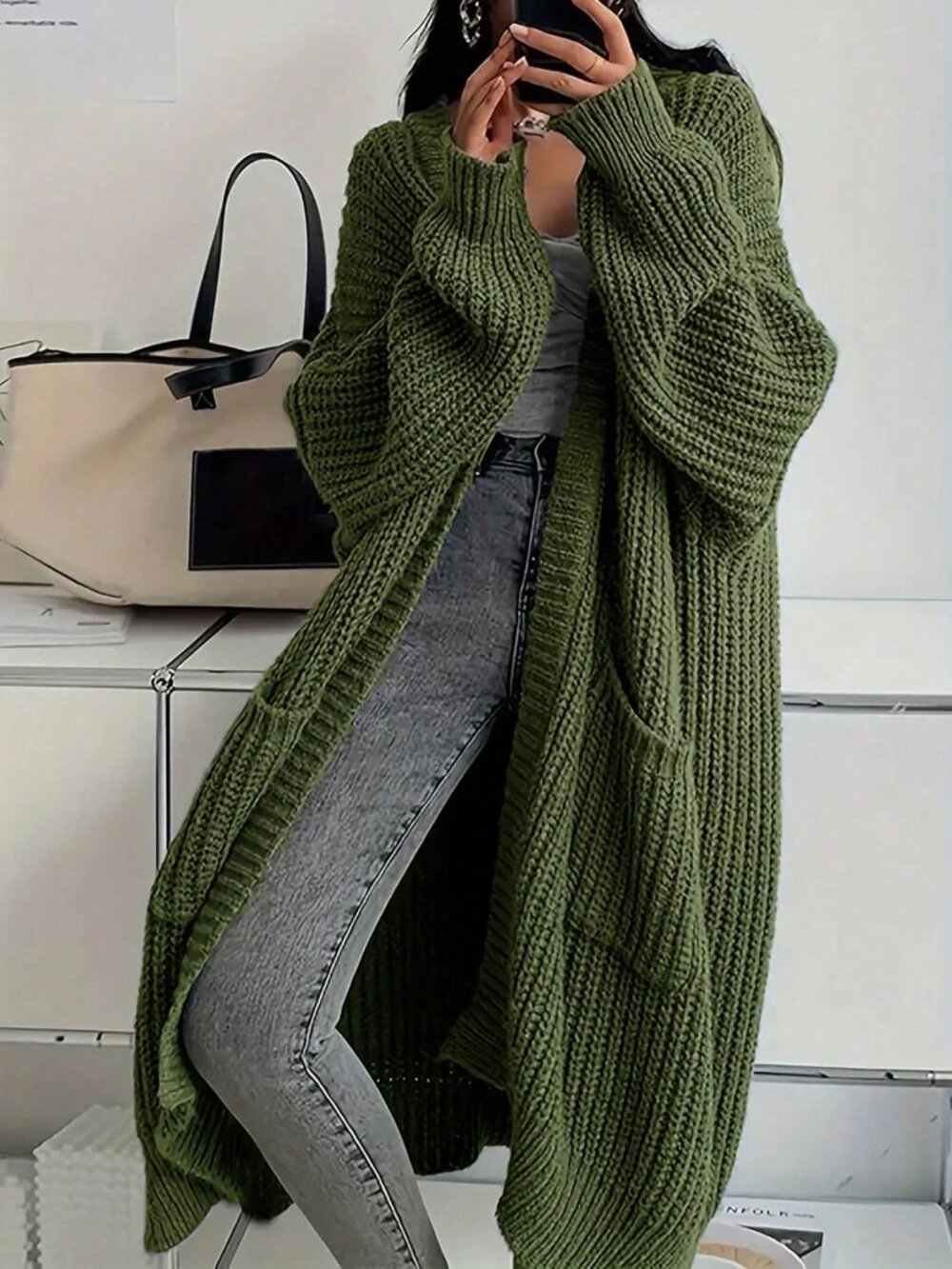 Mint Green Casual Women's V-Neck Pocket Ribbed Knit Long Sleeve Cardigan